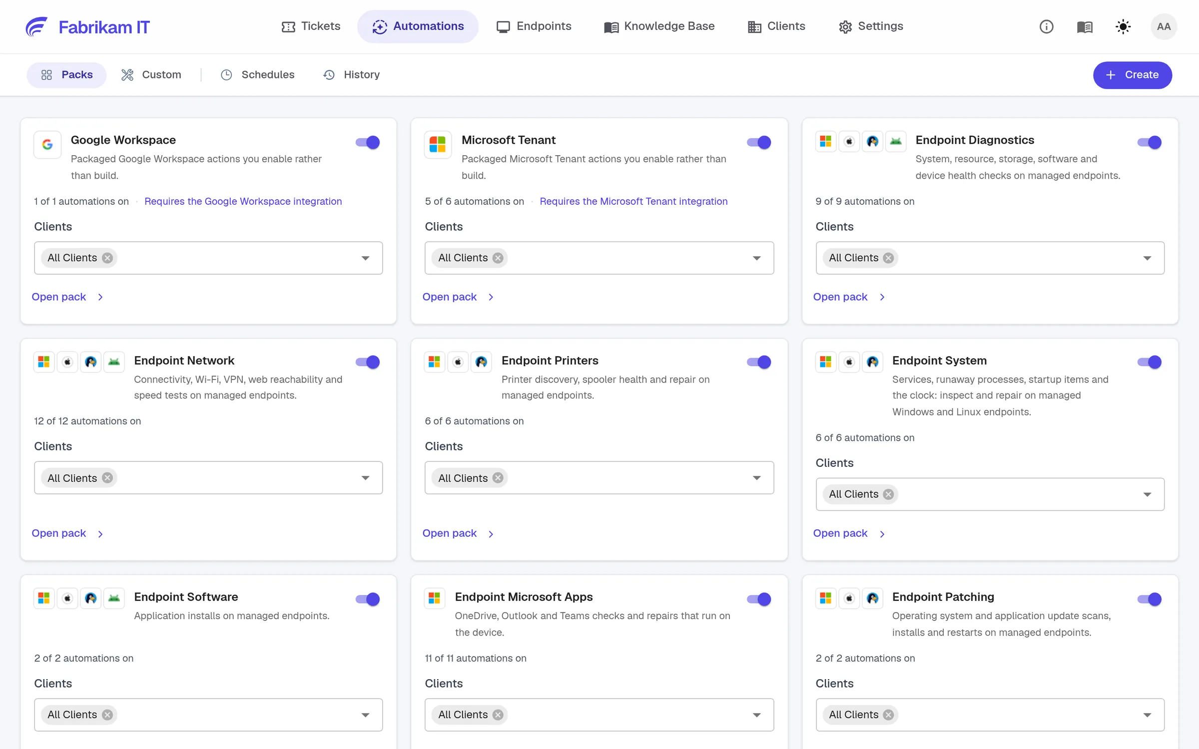 Automation packs for endpoints, Microsoft 365 and Google Workspace, each switched on per client