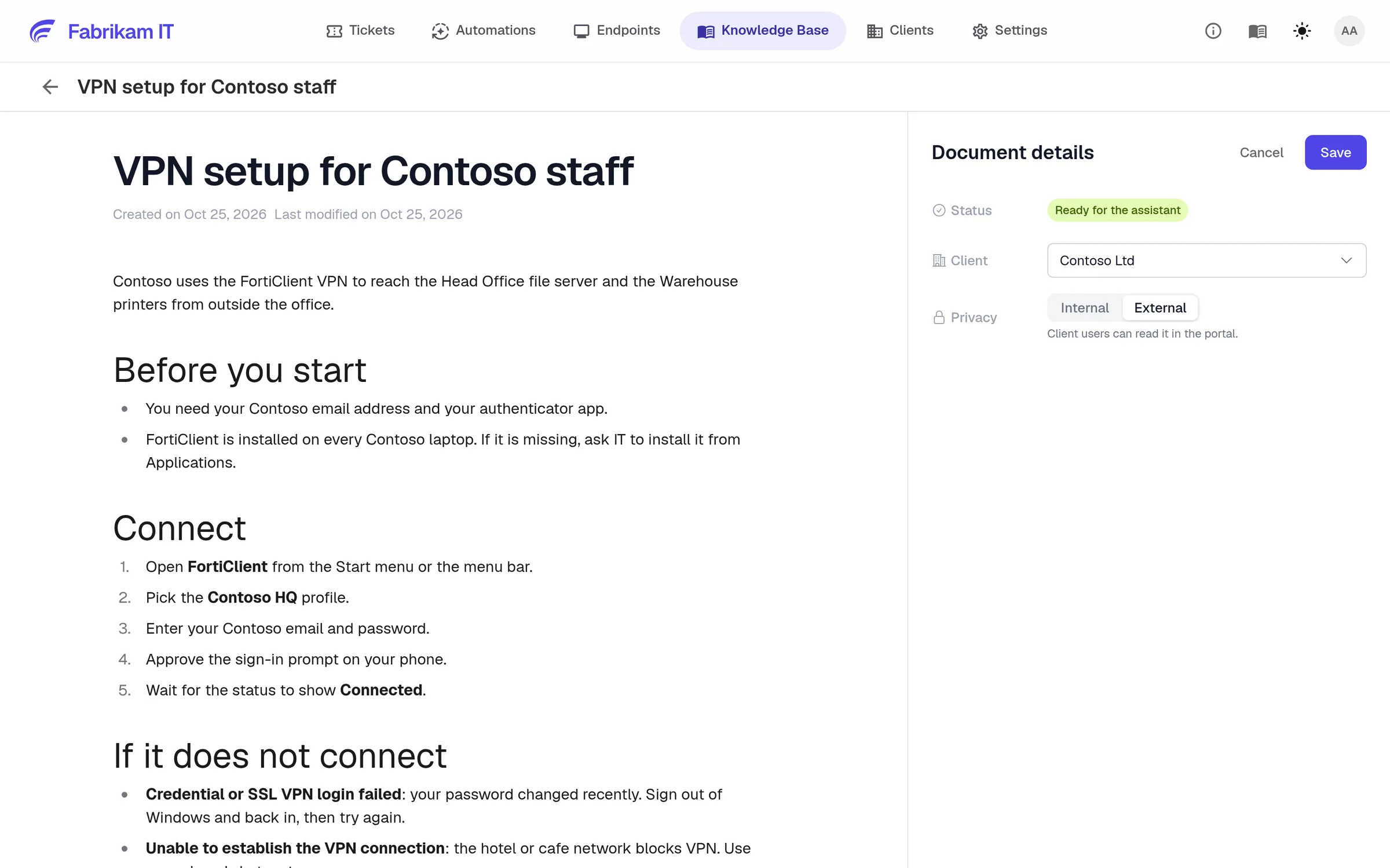 A how-to article in the editor, scoped to one client and shared with its users