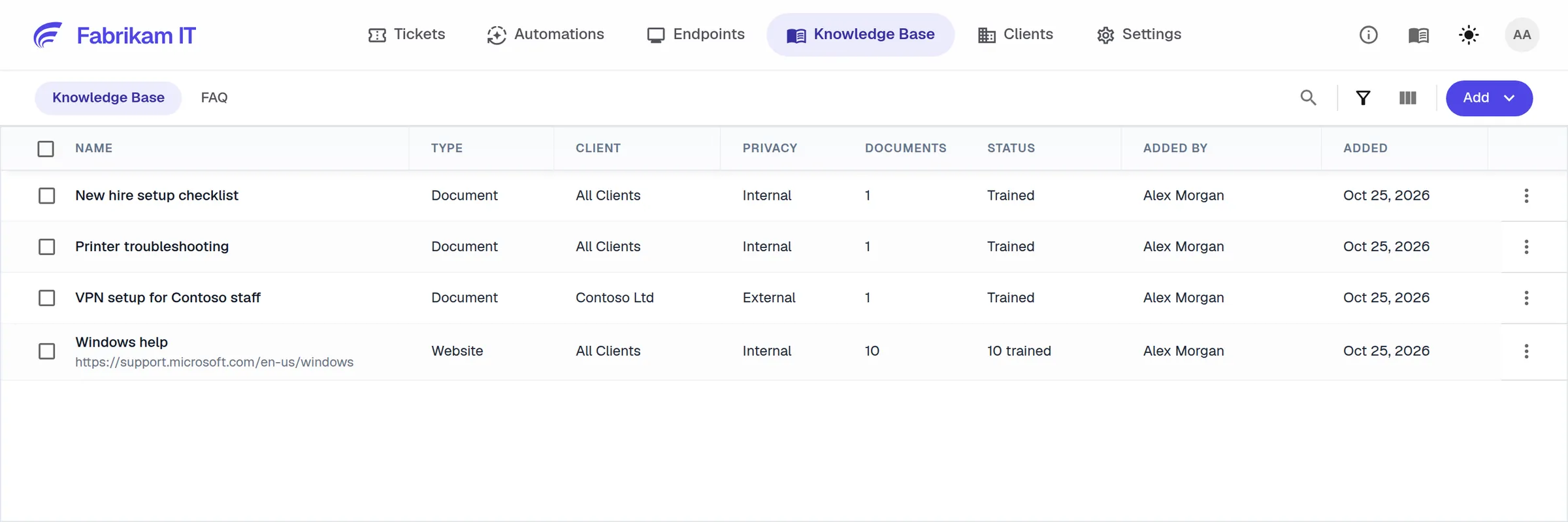 The knowledge base: documents and websites the AI reads, with client scope and privacy