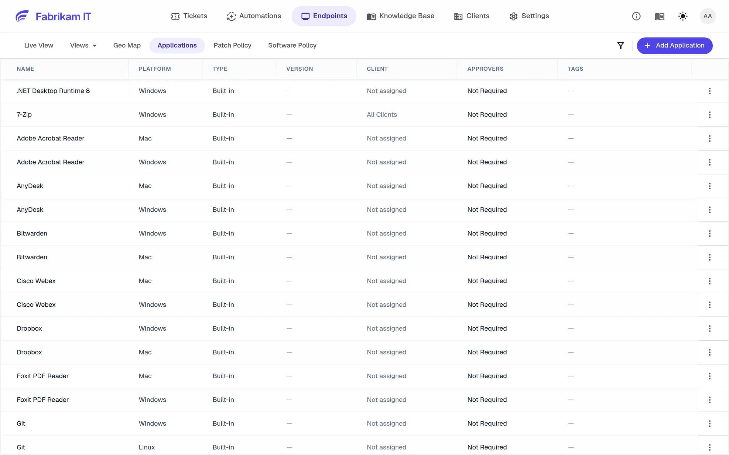 The application catalog with platforms, client scope and approvers