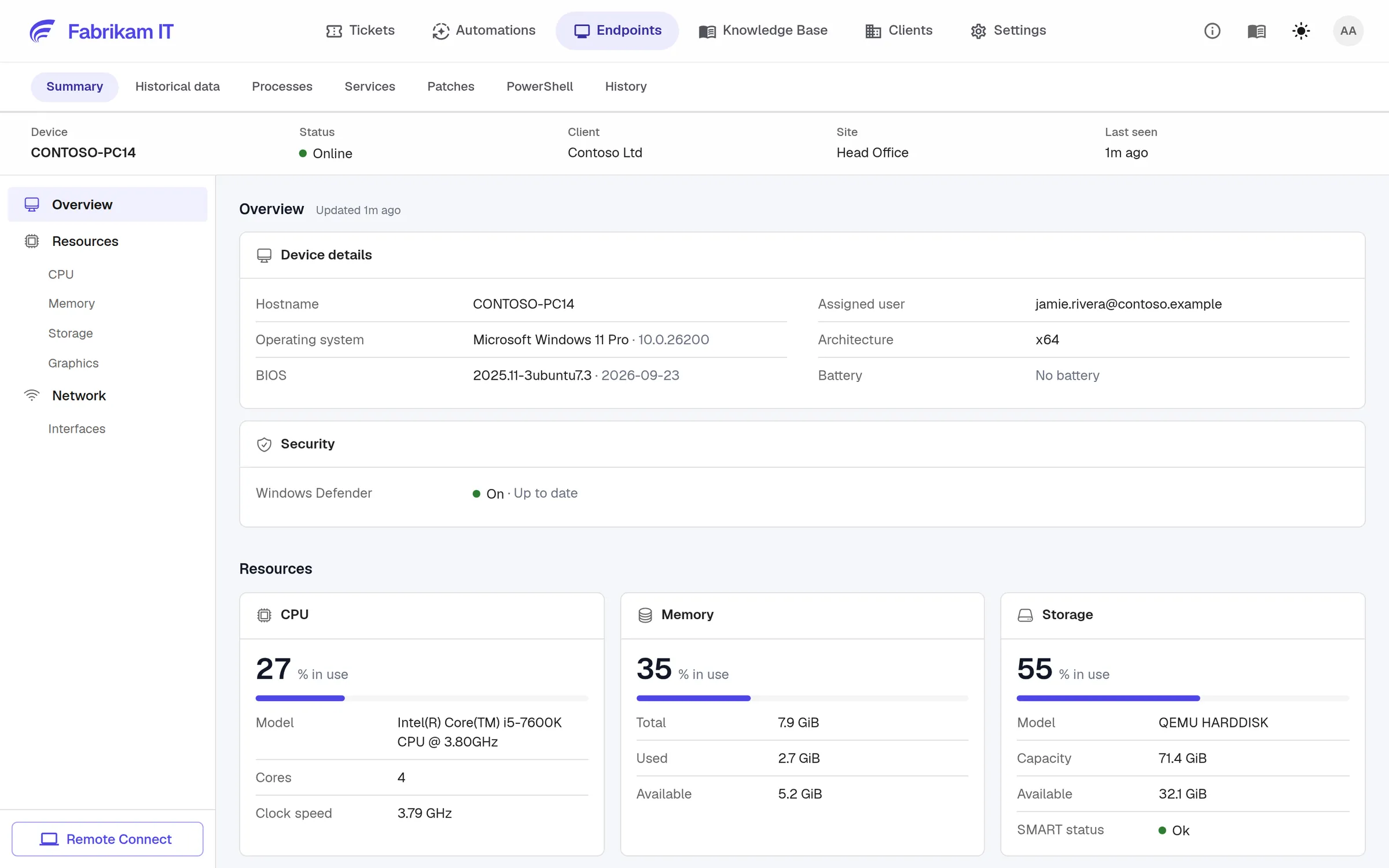 A device page: health, hardware, security status and Remote Connect