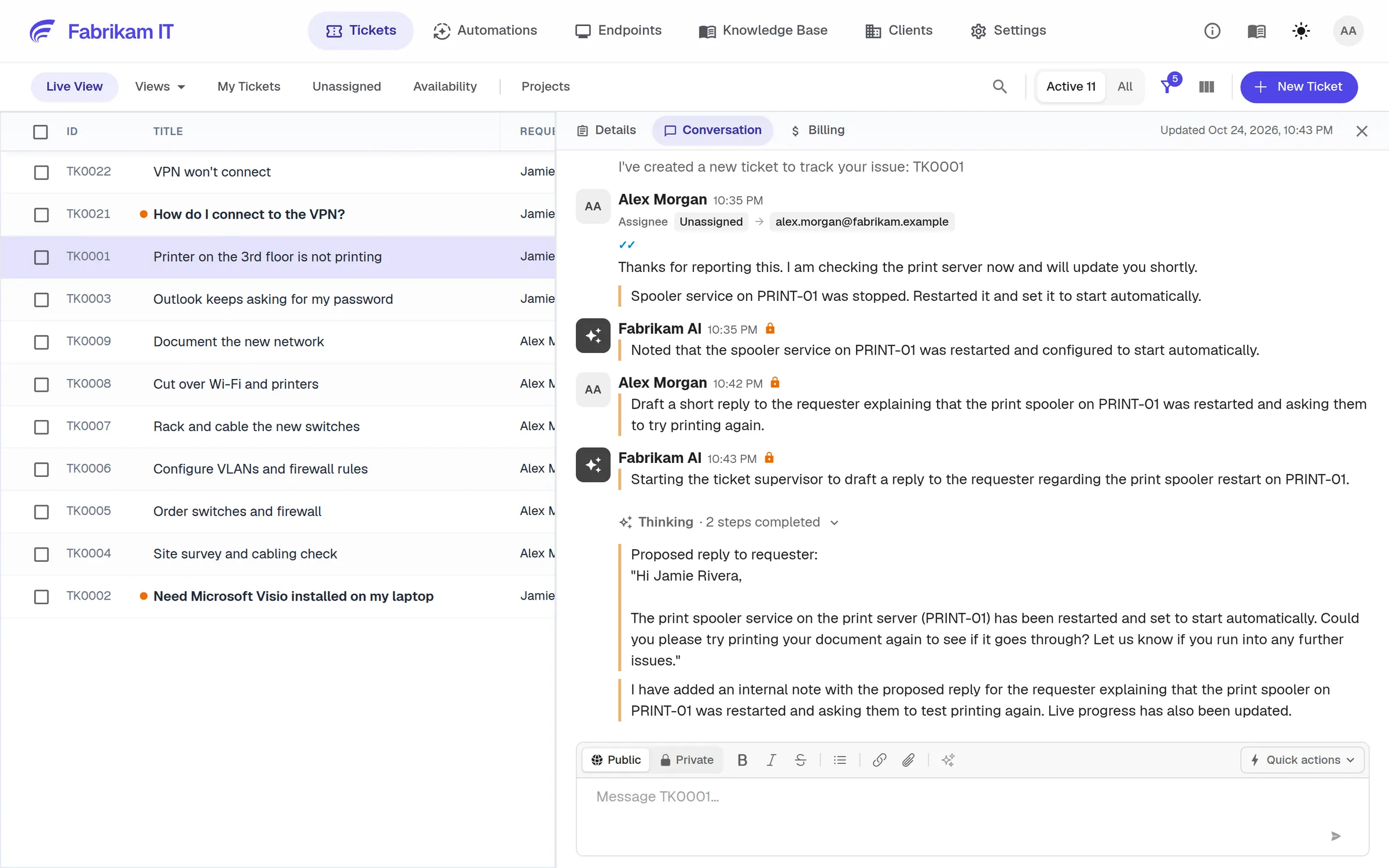A ticket conversation where the AI checks the device, fixes the print spooler and drafts the reply
